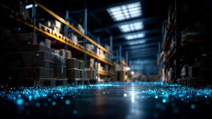 Warehouse Stocked: A sprawling warehouse interior, filled with orderly rows of stacked cardboard boxes, bathed in the cool glow of industrial lighting.