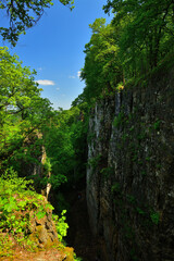 Fototapeta premium In einer tiefen Schlucht ist ein Wanderweg und Menschen wandern eine Treppe hoch. Ein schöner Blauer Himmel mit kleinen weißen Wolken und ein grüne Wald mit frischen Laub bietet einen schönen Kontrast