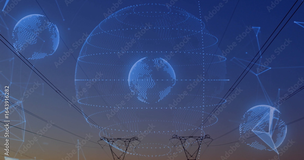 Poster showing wireframe globe and towers supporting power lines in corridor at dusk, with node lines
