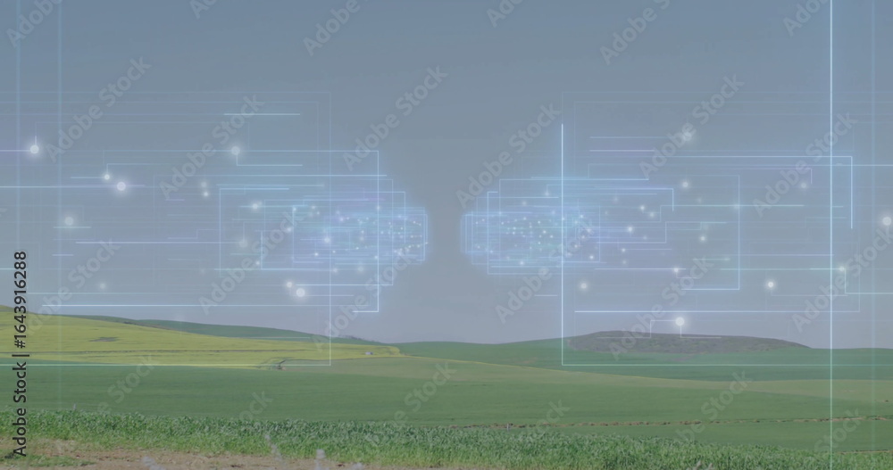 Poster displaying two semi-transparent network overlays hovering above farmland, with virtual connectivity