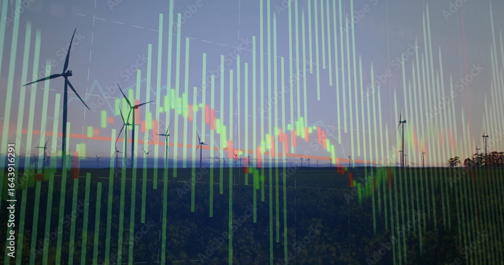 Poster displaying wind turbines rotating on farmland at dusk, showing green bar charts with red line graph