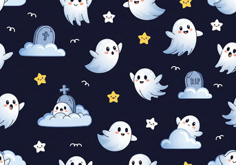 Fototapeta premium A cute and whimsical seamless pattern illustration for a children's Halloween. The repeating design on a dark night sky background features friendly cartoon ghosts flying and playing with smiling star