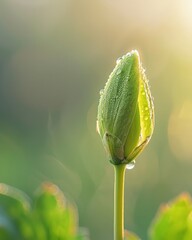 In-depth of Green Flower Petal with Drip of Water Captured in the Morning on Softly Blurred Scenery, Generative AI.