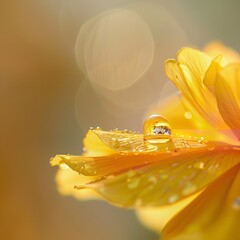 In-depth Focused Photograph of Water Droplets on Yellow Tulip with Copy Space, Generative AI.