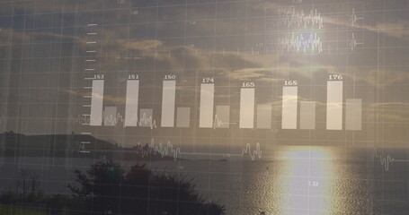 Obraz premium Overlaying bar charts and waveform line graphs over coastal sunset seascape, with shoreline trees