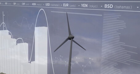 Displaying modern wind turbine standing against cloudy sky at wind farm, with financial overlays