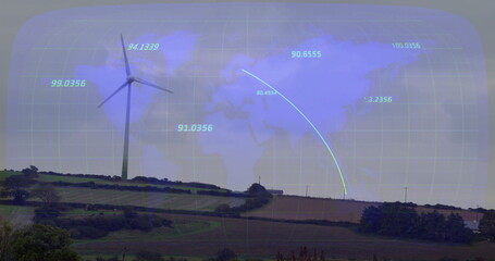 Overlaying digital grid and trajectory lines over white wind turbine and farmland, copy space