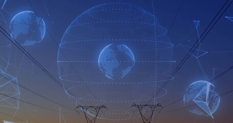 Showing wireframe globe and towers supporting power lines in corridor at dusk, with node lines