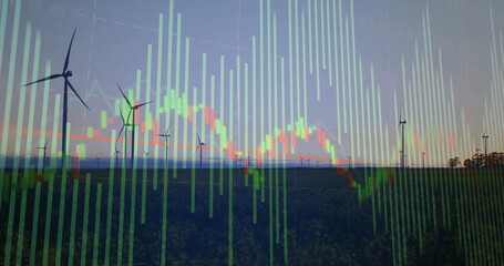 Displaying wind turbines rotating on farmland at dusk, showing green bar charts with red line graph
