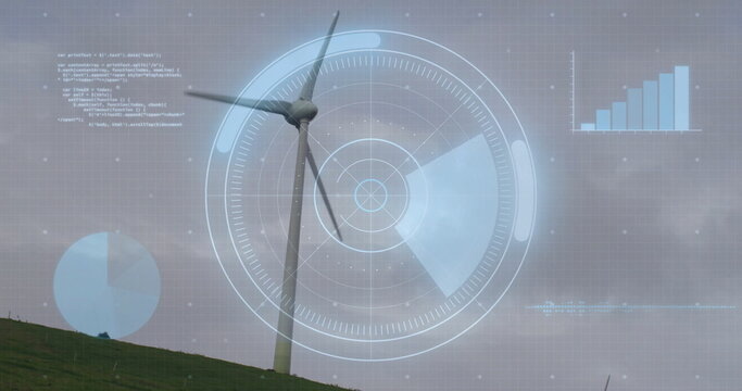 Wind turbine spinning on grassy hill, with circular HUD overlay, bar chart, pie chart, code snippet