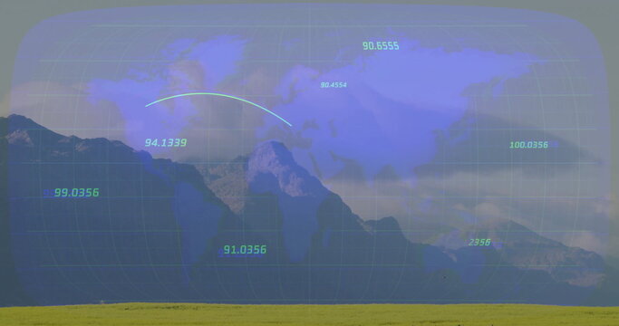 Fototapeta Displaying mountain peaks spanning grassy field with world map overlay, grid lines, numeric labels