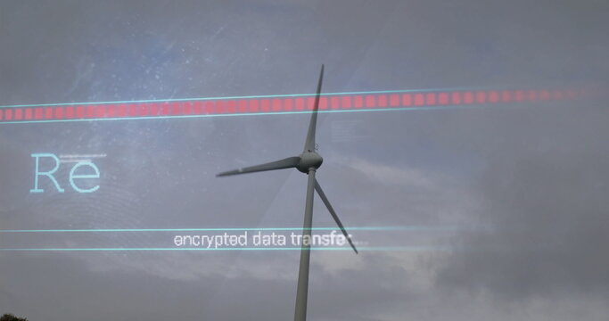 Highlighting wind turbine rotor rising against sky, overlay bars showing Re encrypted data transfer
