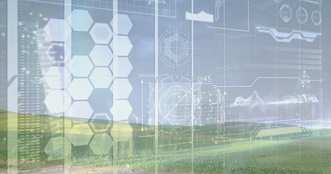 Fototapeta Displaying holographic interface over rural grass field, with hexagon panels and schematics
