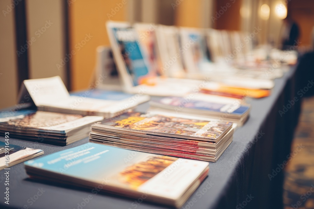 Poster display of brochures and informational materials on table during event at conference center in eveni