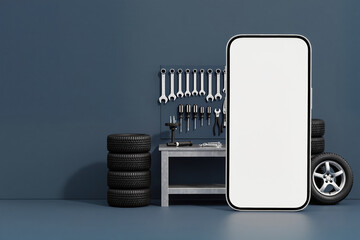 Auto service workshop with tools tires and large smartphone mockup with copy space for car repair spare parts sales business offers and e commerce automotive marketing