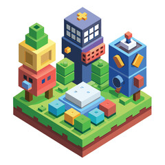 Isometric illustration of a city building with a cartoon residential house and street map design