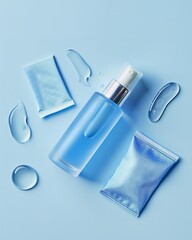 Beauty Care Items with Minimalist Arrangement on Blue Backdrops, Generative AI.