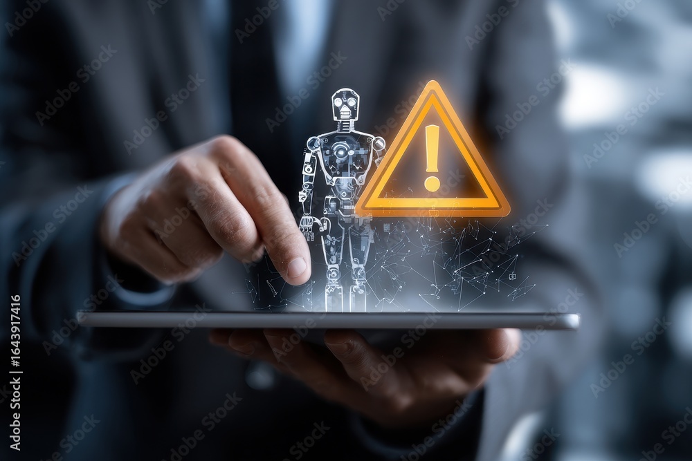 Poster digital interaction with symbolic robot warning at a modern workplace