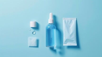 Beauty Care Items with Minimalist Arrangement on Blue Backdrops, Generative AI.