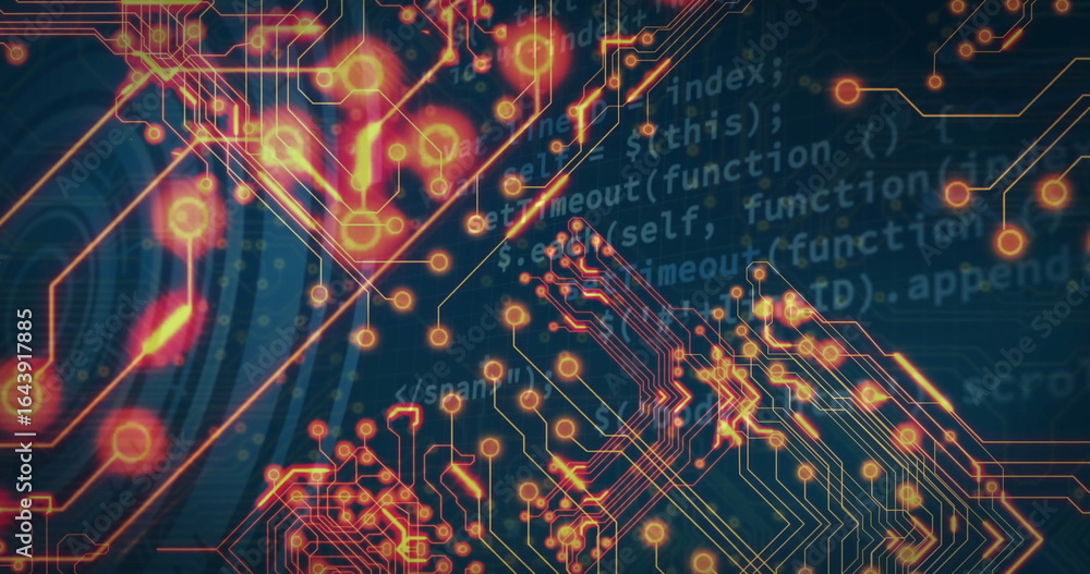 Poster animating abstract circuit traces pulsing on digital canvas, with solder-pad nodes, code segments