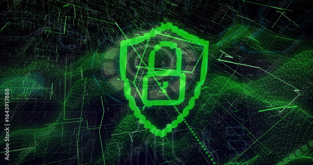 Poster floating pixelated green shield rotating above virtual grid, with padlock icon and data points