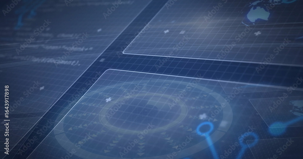 Poster displaying circular radar hud element in virtual dashboard, with data panels and code overlays