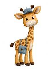 Obraz premium Cute illustration of a young giraffe wearing a cap and backpack. This charming character radiates friendliness and adventure, making it perfect for children's materials, educational content.