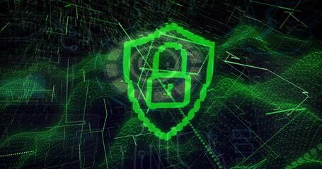 Floating pixelated green shield rotating above virtual grid, with padlock icon and data points