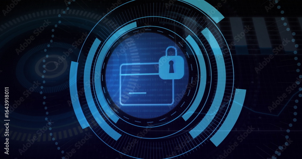 Poster rendering credit card icon overlaid by padlock in digital interface, with rings and data lines