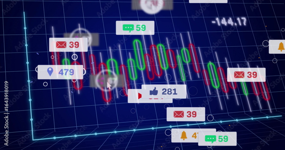 Poster displaying 3d grid analytics dashboard, with candlestick chart and social media notifications