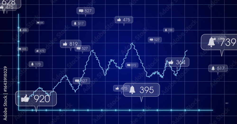 Poster displaying teal fluctuating line graph on analytics dashboard grid, with social icons and callouts