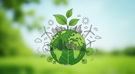 Green earth with growing plants and nature illustrations symbolizing sustainability