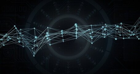 Displaying network with glowing cyan nodes, links and HUD overlays on virtual interface