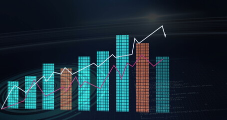 Displaying bar chart showing white and magenta trends on data dashboard, with turquoise brown bars