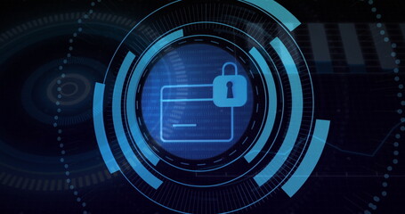 Rendering credit card icon overlaid by padlock in digital interface, with rings and data lines