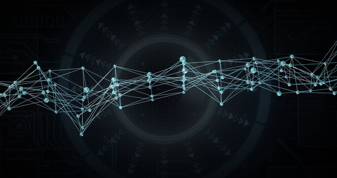 Displaying network with glowing cyan nodes, links and HUD overlays on virtual interface