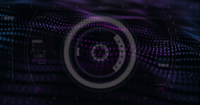 Displaying central circular HUD element glowing on virtual cyber panel, with purple and blue arrays