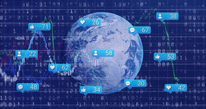 Naklejki Rotating Planet Earth over binary code in data visualization, showing line charts and social icons