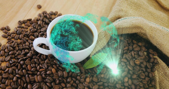 Sitting white mug of black coffee on cafe tabletop with burlap sack, beans, green hologram globe