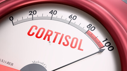 Cortisol showing very high levels, increasing values of cortisol. Overload of it, too much of cortisol. Maximum value, off the charts. Cortisol meter rising to max.  ,3d illustration