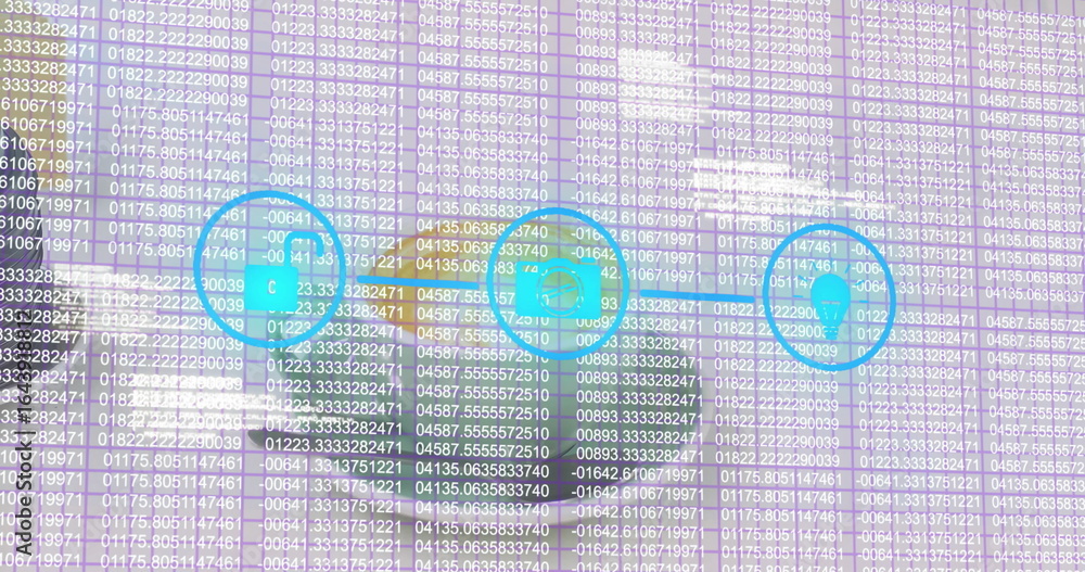 Poster displaying arrow linking shopping bag, briefcase, and location pin on dashboard with code overlay