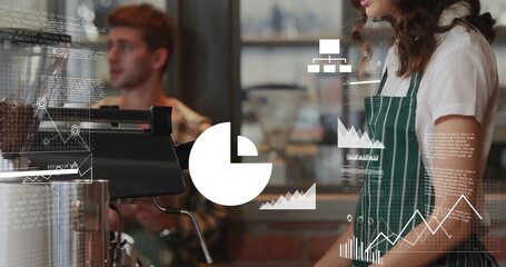 Operating female barista wearing green apron pulling espresso in busy cafe, with analytics overlays