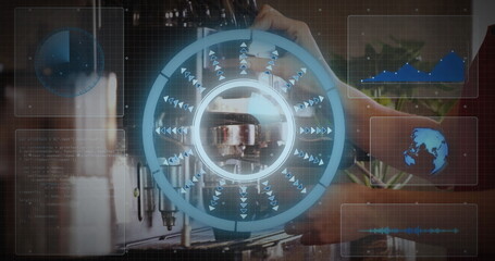 Pulling espresso shot, barista holding portafilter at coffee shop counter, with holographic UI