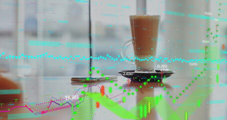 Glass mug of latte sitting on saucer on table by window, with smartphone and chart overlays