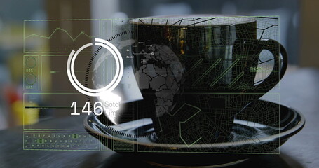 Displaying black ceramic coffee cup projecting holographic UI elements on wood table, tech theme