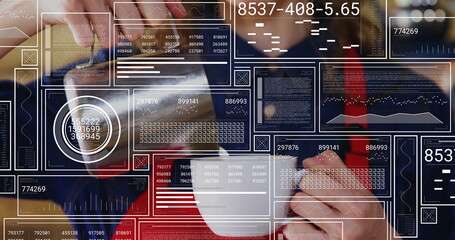 Analyzing data businesswoman holding smartphone and coffee mug at office desk, with data graphics