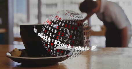 Sitting ceramic coffee cup and saucer displaying glowing code sphere, with blockchain text in cafe