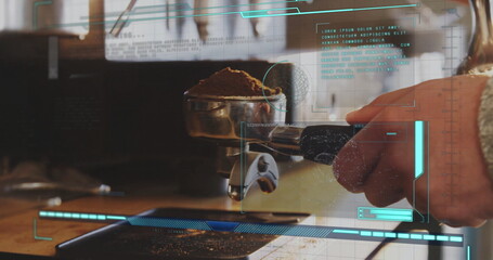 Holding portafilter loaded with ground coffee above wooden counter tray, displaying digital overlay