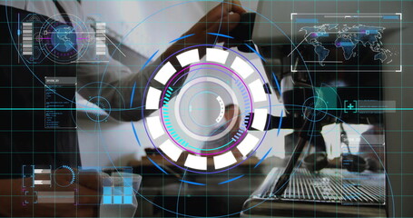 Barista in white shirt positioning portafilter into espresso group head at coffee counter, with HUD