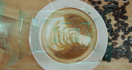 Showing white ceramic cup showcasing latte foam art at cafe table with beans and digital overlays